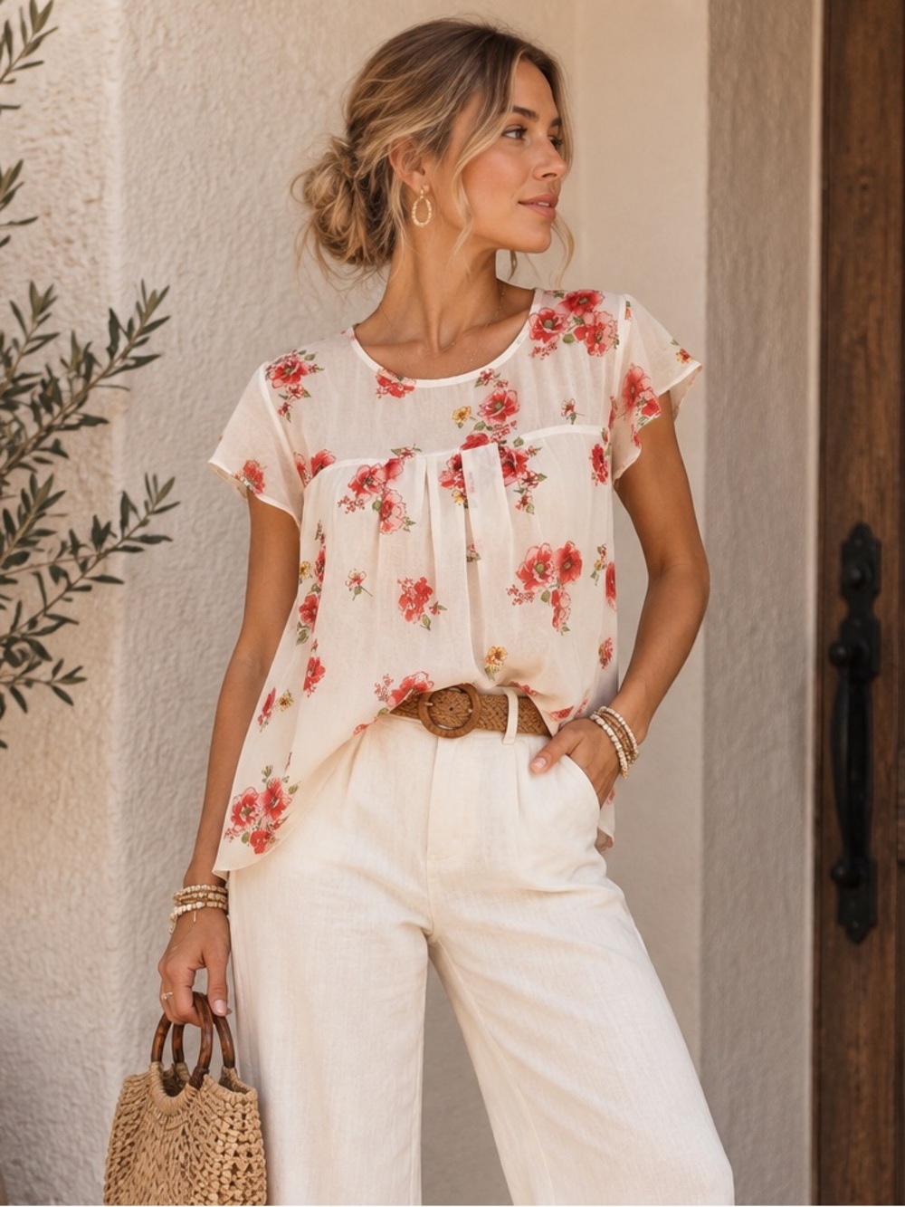 Floral Ruffle-Yoke Blouse in Cream with Pink Rose Print